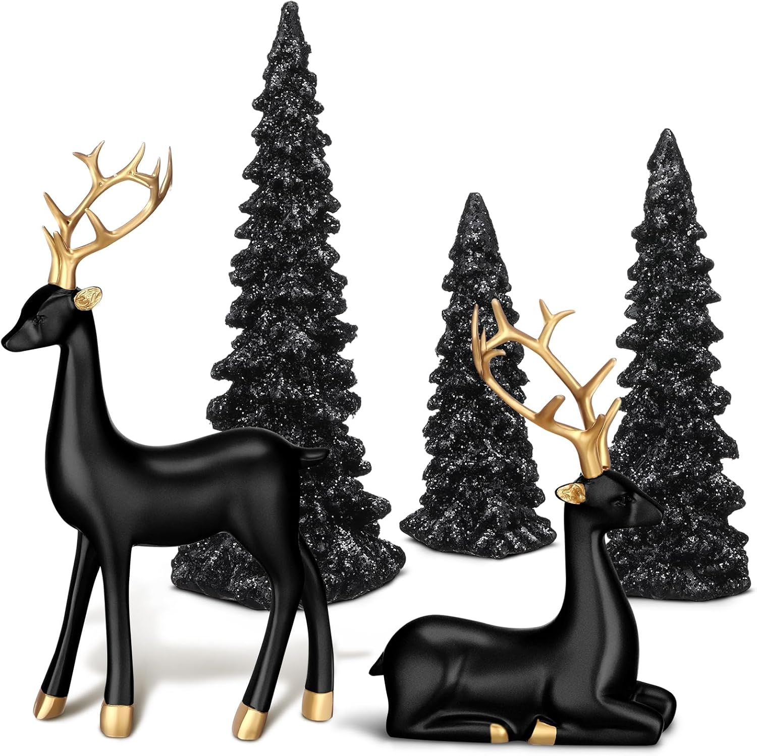 Pinkunn 5 Pcs Reindeer Christmas Decor and Trees Christmas Resin Sitting Standing Lucky Deer Reindeer Figurines for Tabletop Indoor Home Decorations Mantle Cabinet Desktop Office(Black)